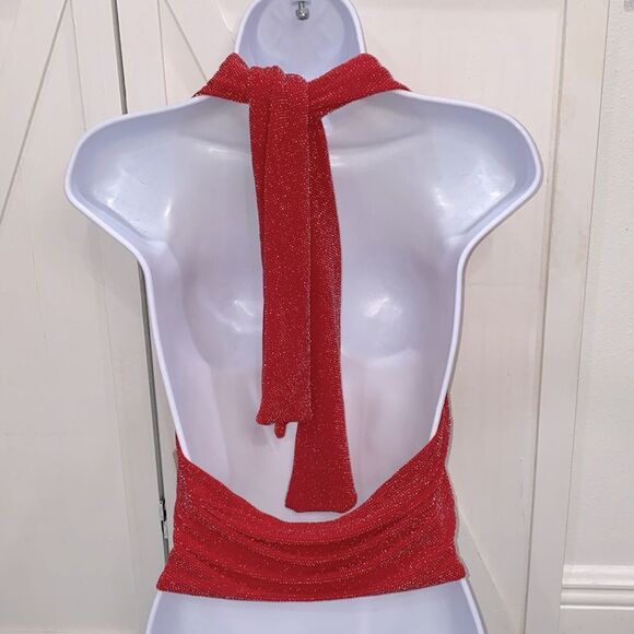 Bar lll Holiday Party Cherry On Top Red With Metallic Silver Stitch Halter Top - Picture 5 of 14